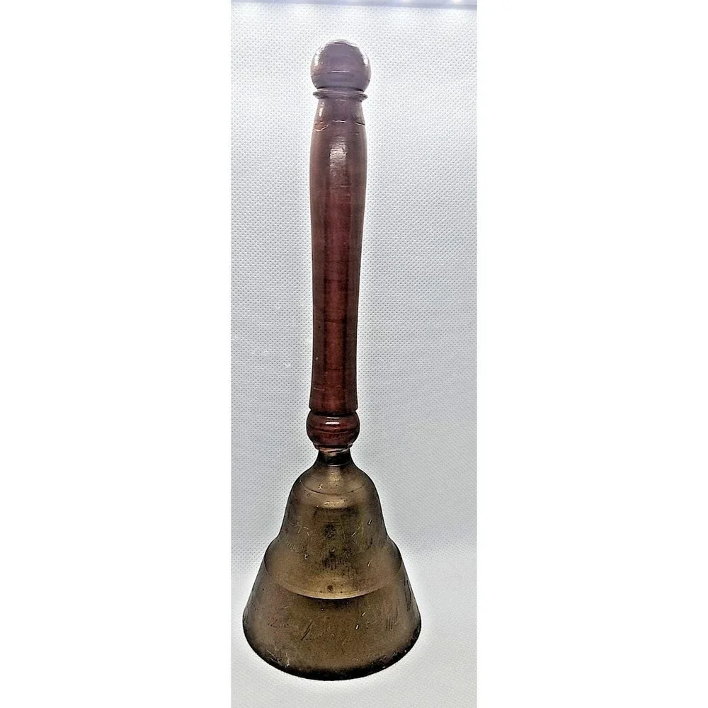 Vintage Brass Wood Bells Set of 2 Etched Decorative Rustic Bells